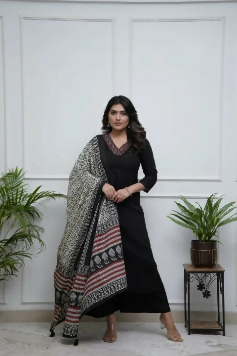 The52 Black Women's Gorgeous Parampara Fabric Embroidered Work Straight Kurta Palazzo and Dupatta Set - Swadesiicart