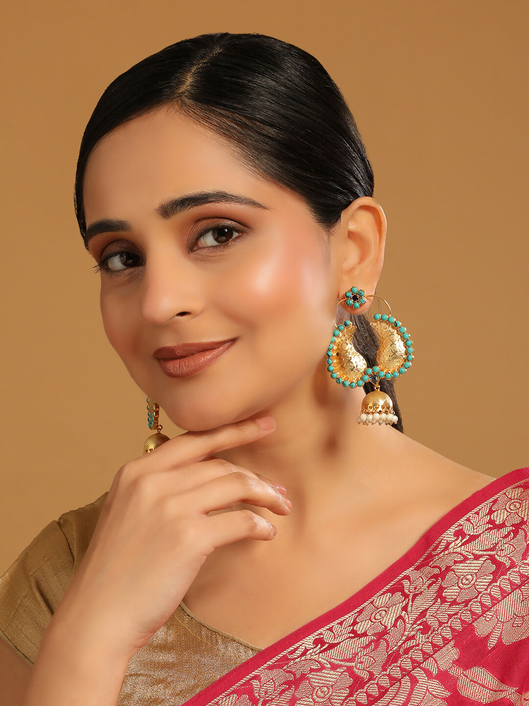 Nuyug 22K Gold Plated Turquoise Stone Studded Contemporary Mini Jhumki Dangler Earrings | Swadesiicart