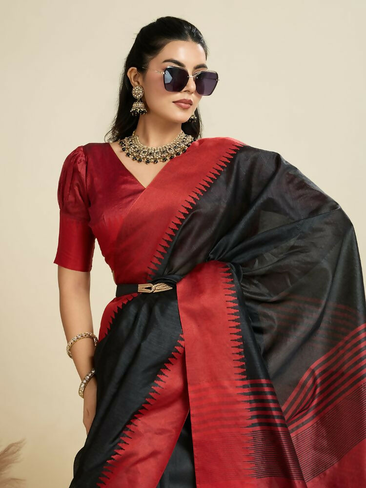 Vishnu Weaves Women's Black Raw Silk Thread Woven Saree with Blouse - Swadesiicart