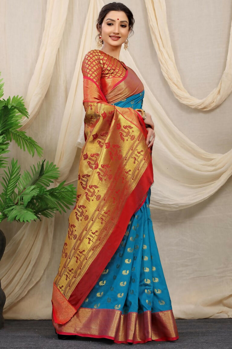 Jyoti Fashion Women's Firozi Banarasi Silk Zari Woven Saree with Blouse | Swadesiicart
