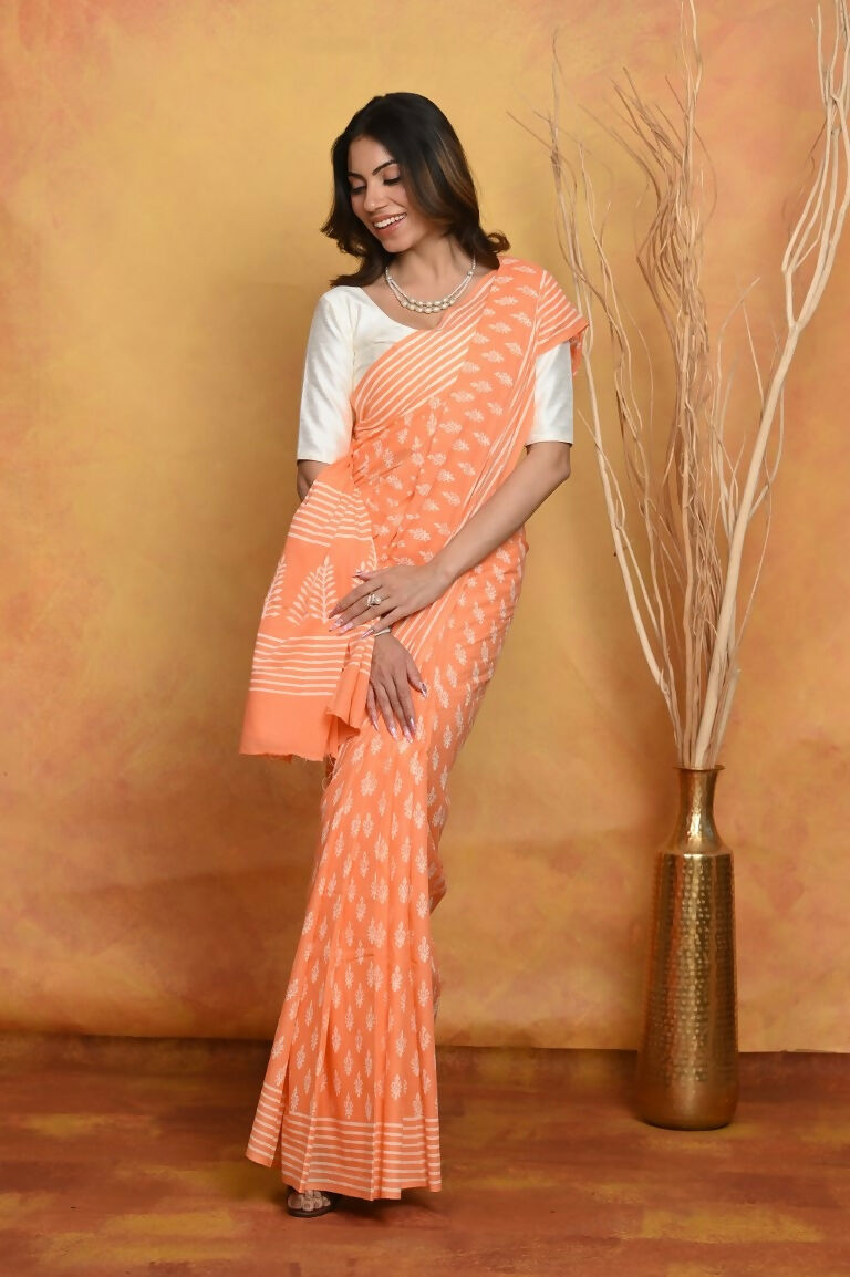 Very Much Indian Handblock Printed Cotton Saree With Natural Dyes - Light Peach | Swadesiicart