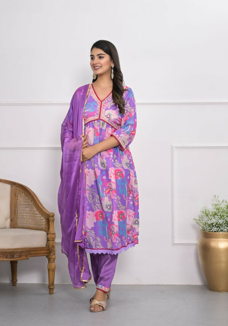 Lavender Muslin silk Embroidery with Thread and sequence Stitched Suit With Dupatta - Tanisha | Swadesiicart
