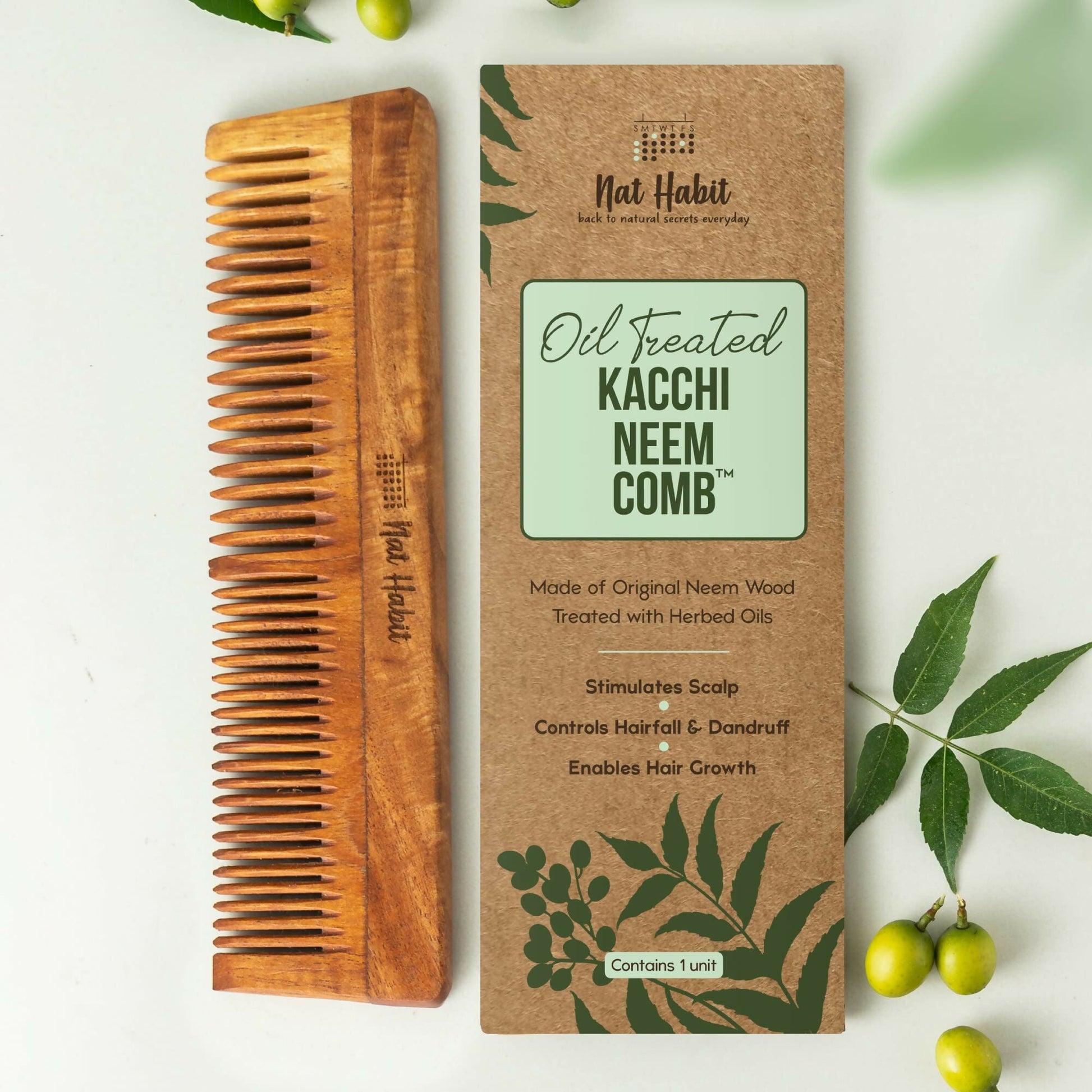 Nat Habit Kacchi Neem Wooden Comb - Soaked In 13 Herbs, Neem & Sesame Oil For Multi-Actions - Swadesiicart