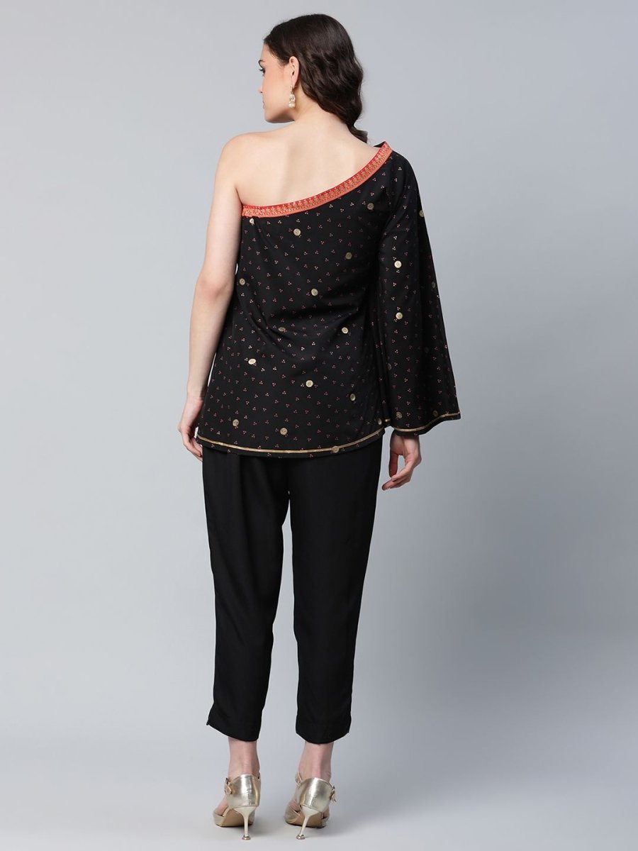 Ahalyaa Women Black Crepe Printed Top with Trouser Set | Swadesiicart
