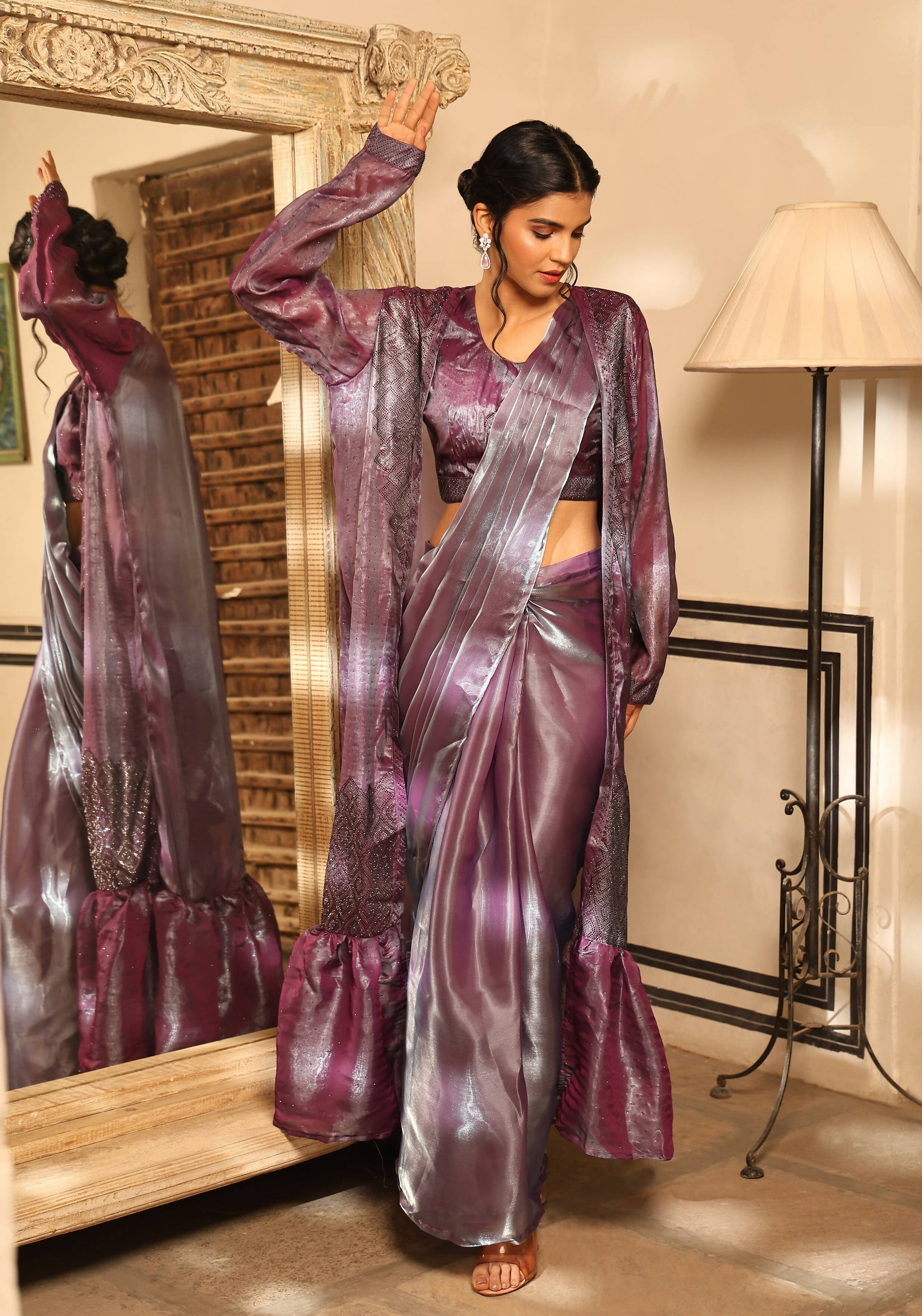 Lavender Tom Silk Plain Ready To Wear Saree With Stitched Blouse - Satiksha | Swadesiicart