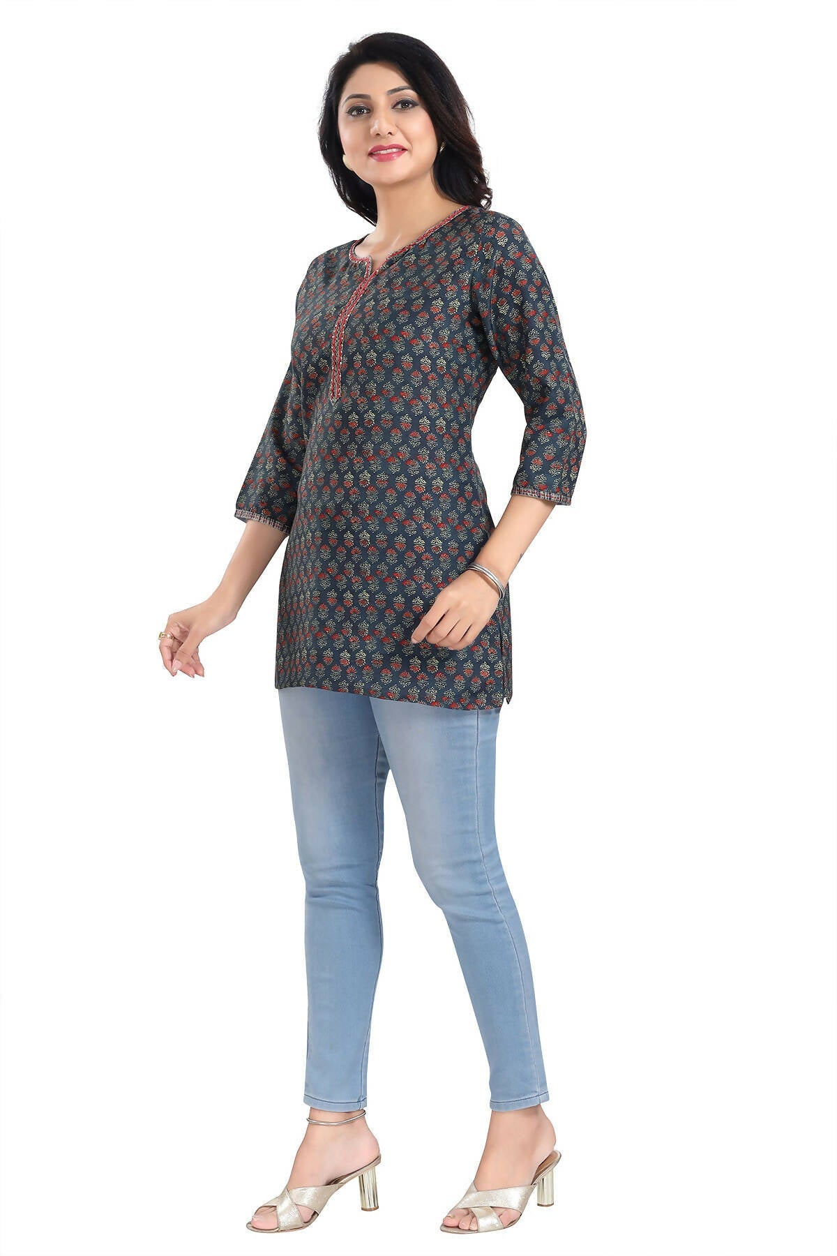 Snehal Creations Novel Navy Blue Rayon Short Kurti Tunic Top - Swadesiicart