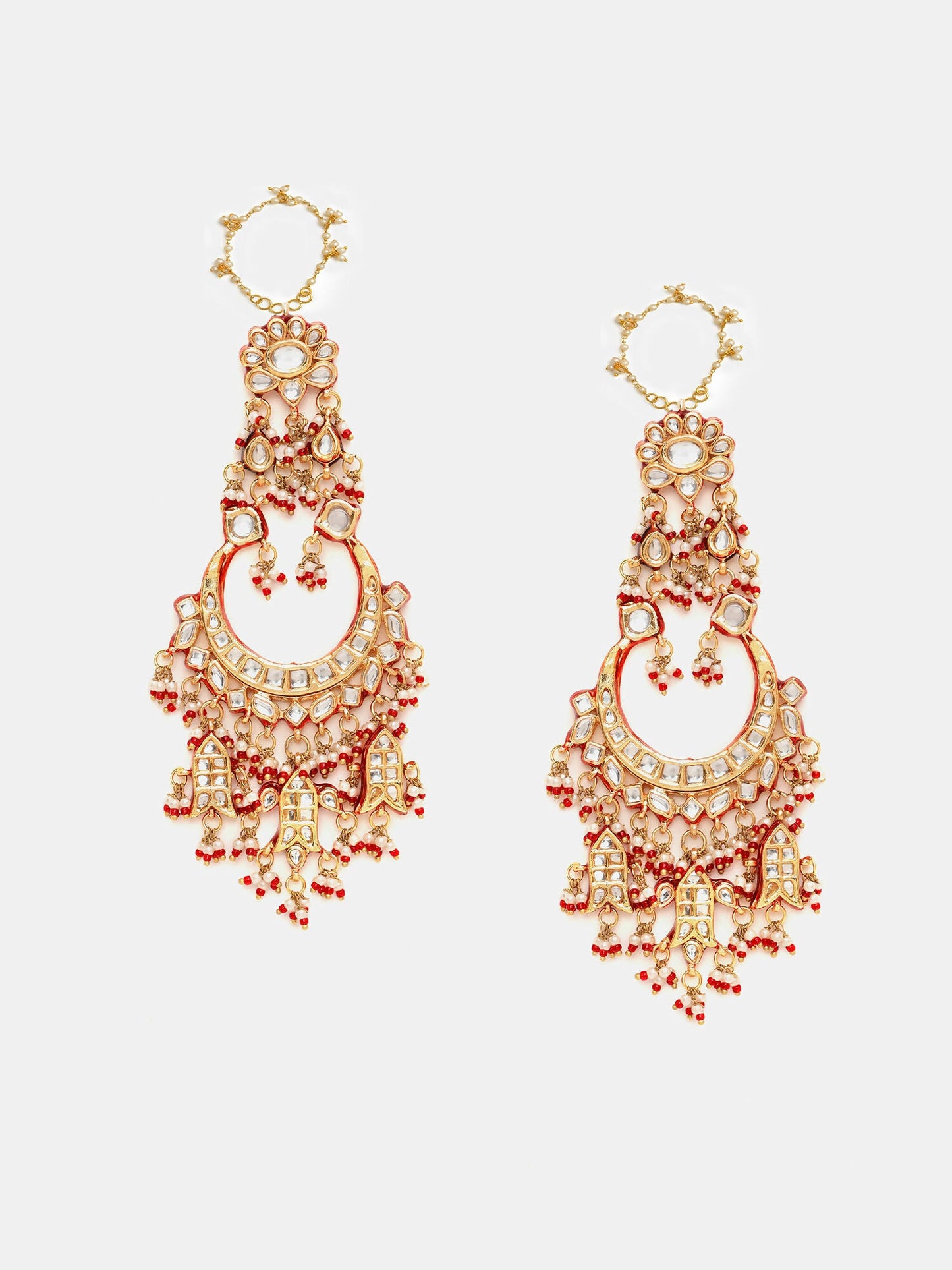 Ruby Raang 22k Gold Polished Kundan Chand Earrings With Ear Chains | Swadesiicart