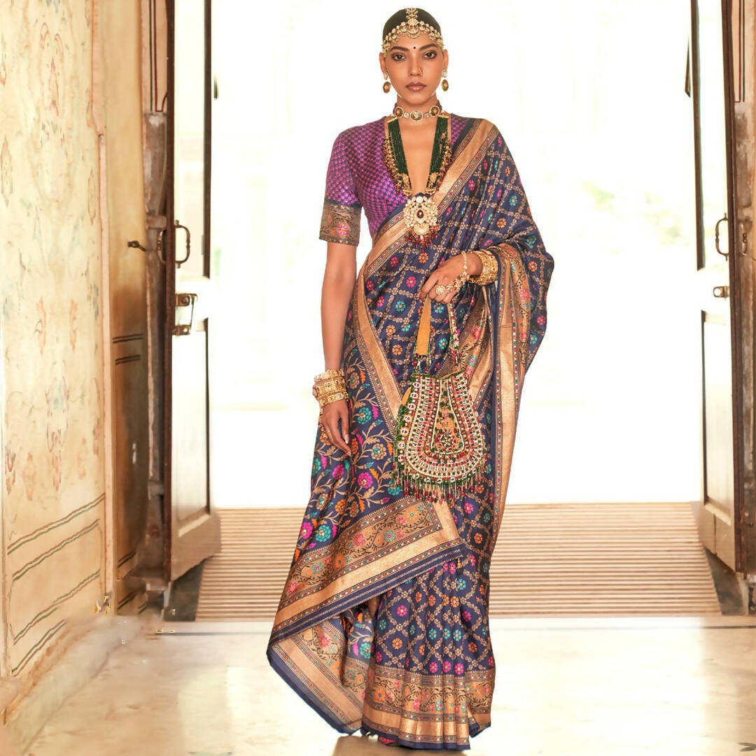 Bay Blue Silk With Banarasi Print Work Saree - Trirath Yamuna | Swadesiicart