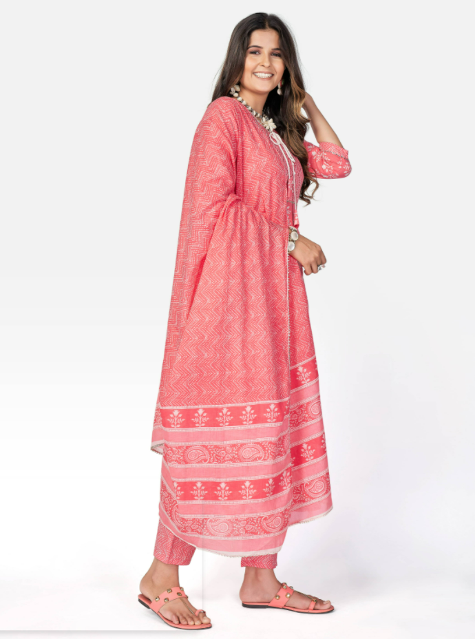 NOZ2TOZ Women Pink Anarkali Cotton Kurta With Pant & Dupatta (3pcs Set) - Swadesiicart