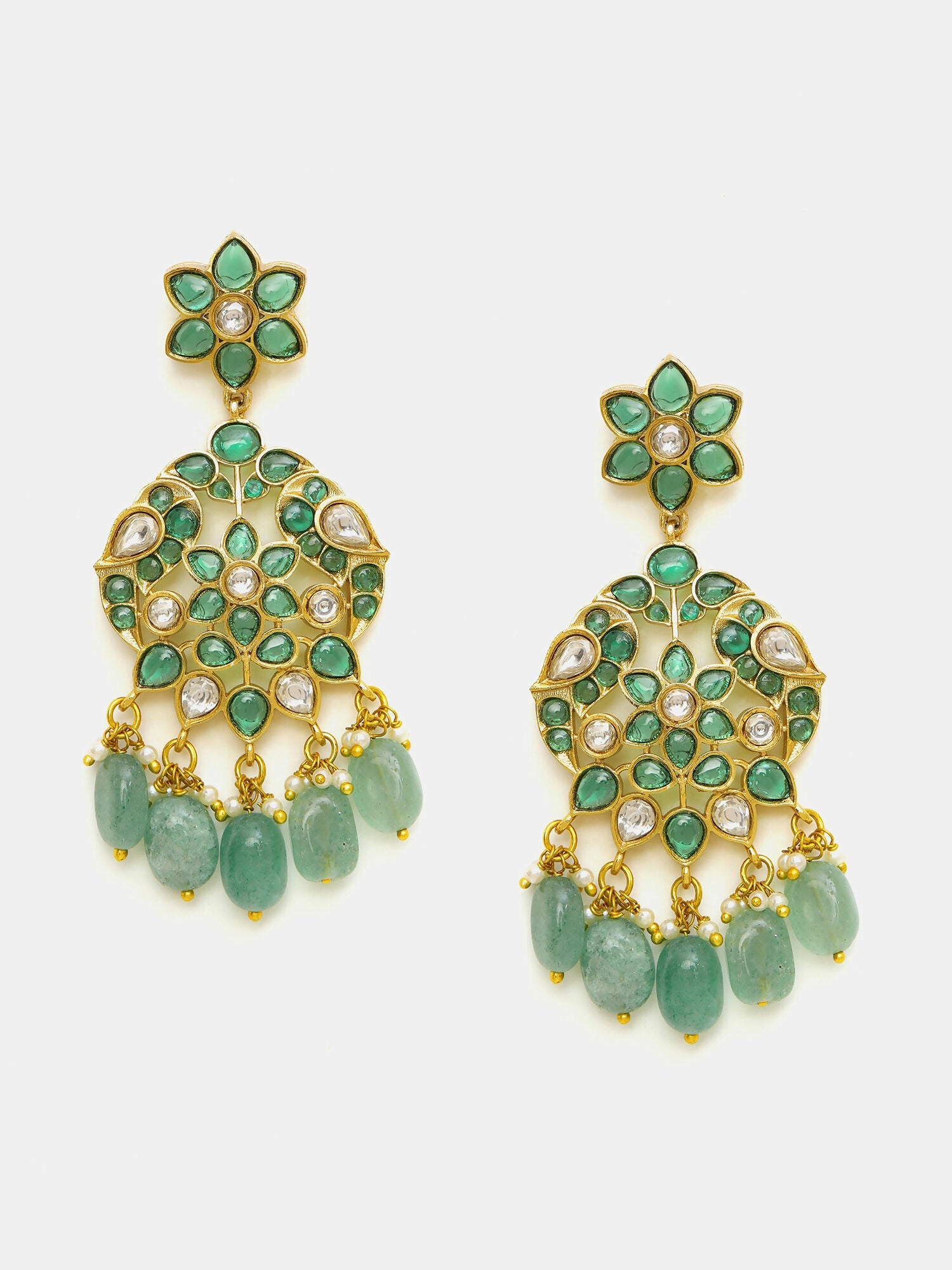 Ruby Raang Gold Polished Green Kundan Earrings | Swadesiicart