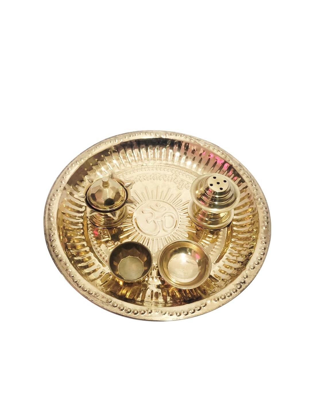 Tied Ribbons Gold Toned Pooja Thali With Attached Incense Diya Tilak Holder | Swadesiicart