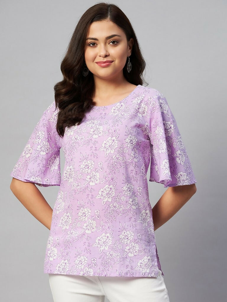 Miravan Women's Lavender-Coloured Bell Sleeve Floral Print Kurti - Swadesiicart