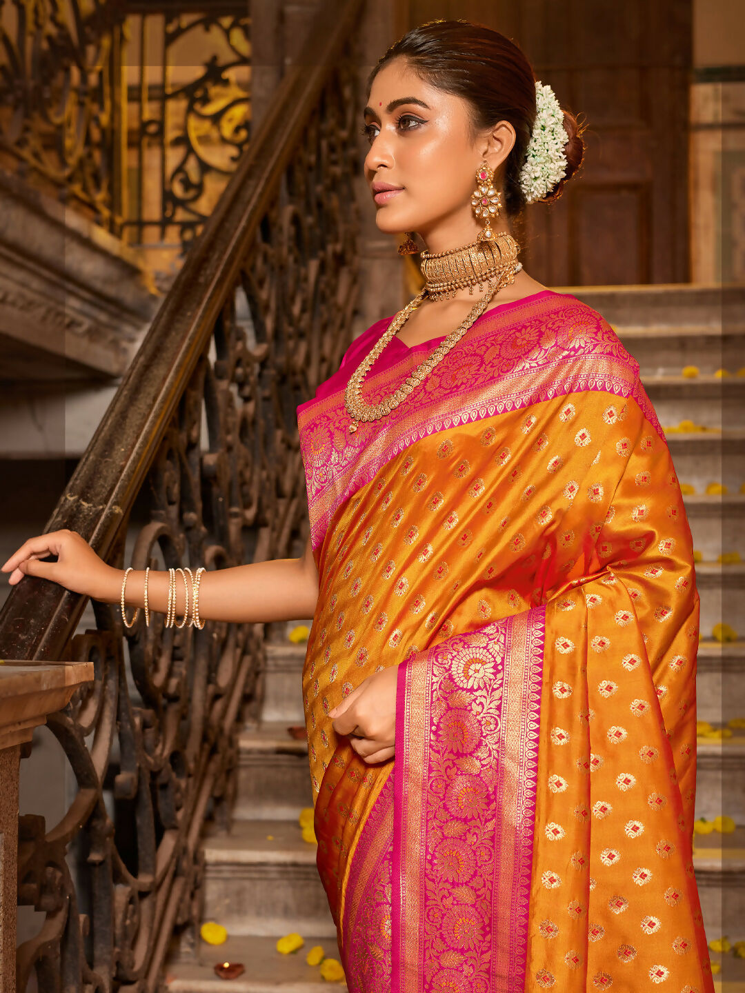 Astita Banarasi Silk Mustard Saree | Swadesiicart