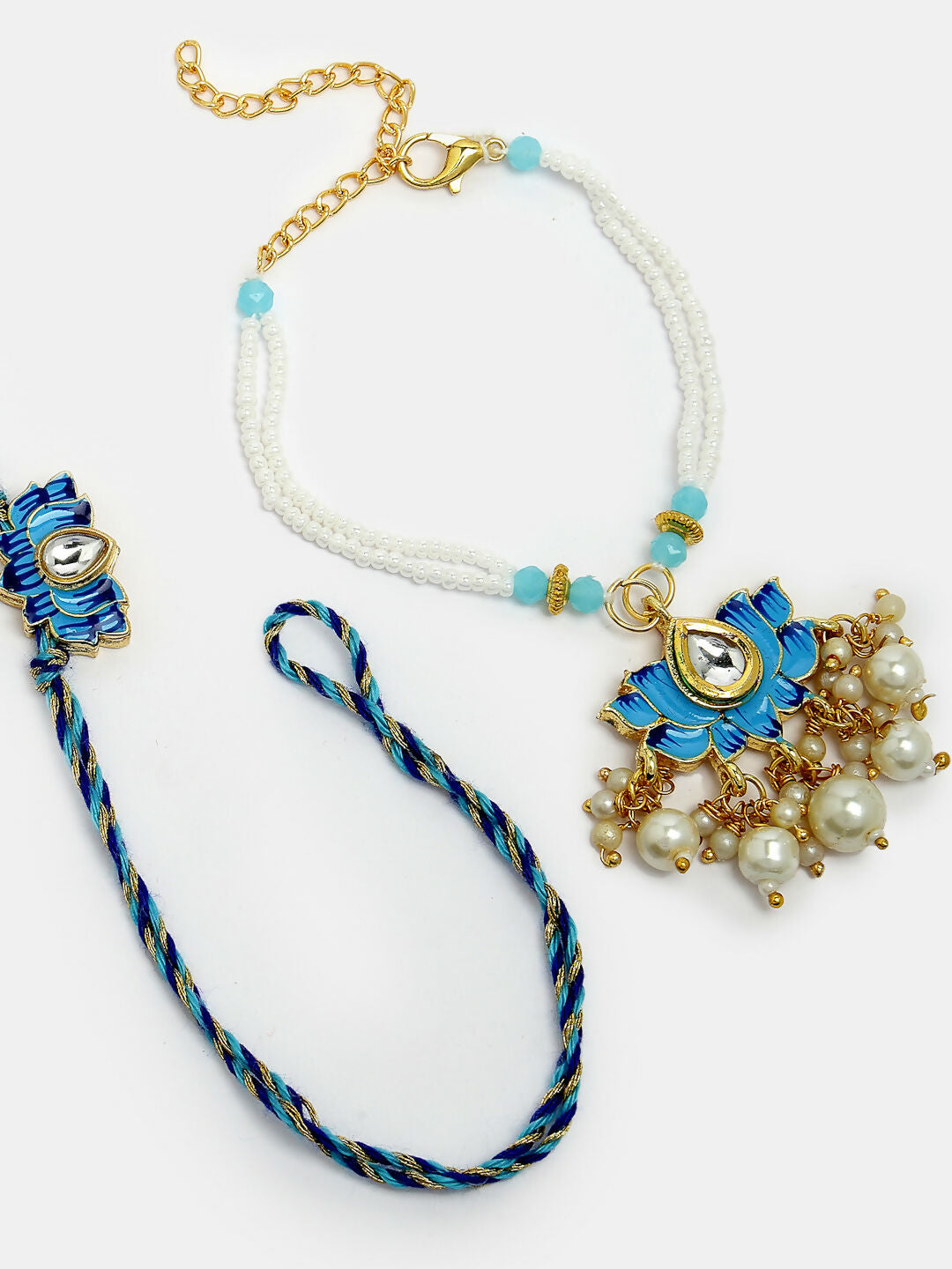 NVR Women & Men Set of 2 Blue Lotus Shape Kundan-Studded & Beaded Wraparound Rakhi Set With Roli Chawal & Chocolate | Swadesiicart