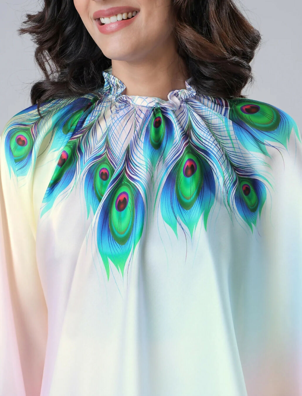 Vastranavya Pastel Rainbow Freehand Peacock Feather Print Ready to Wear Saree | Swadesiicart