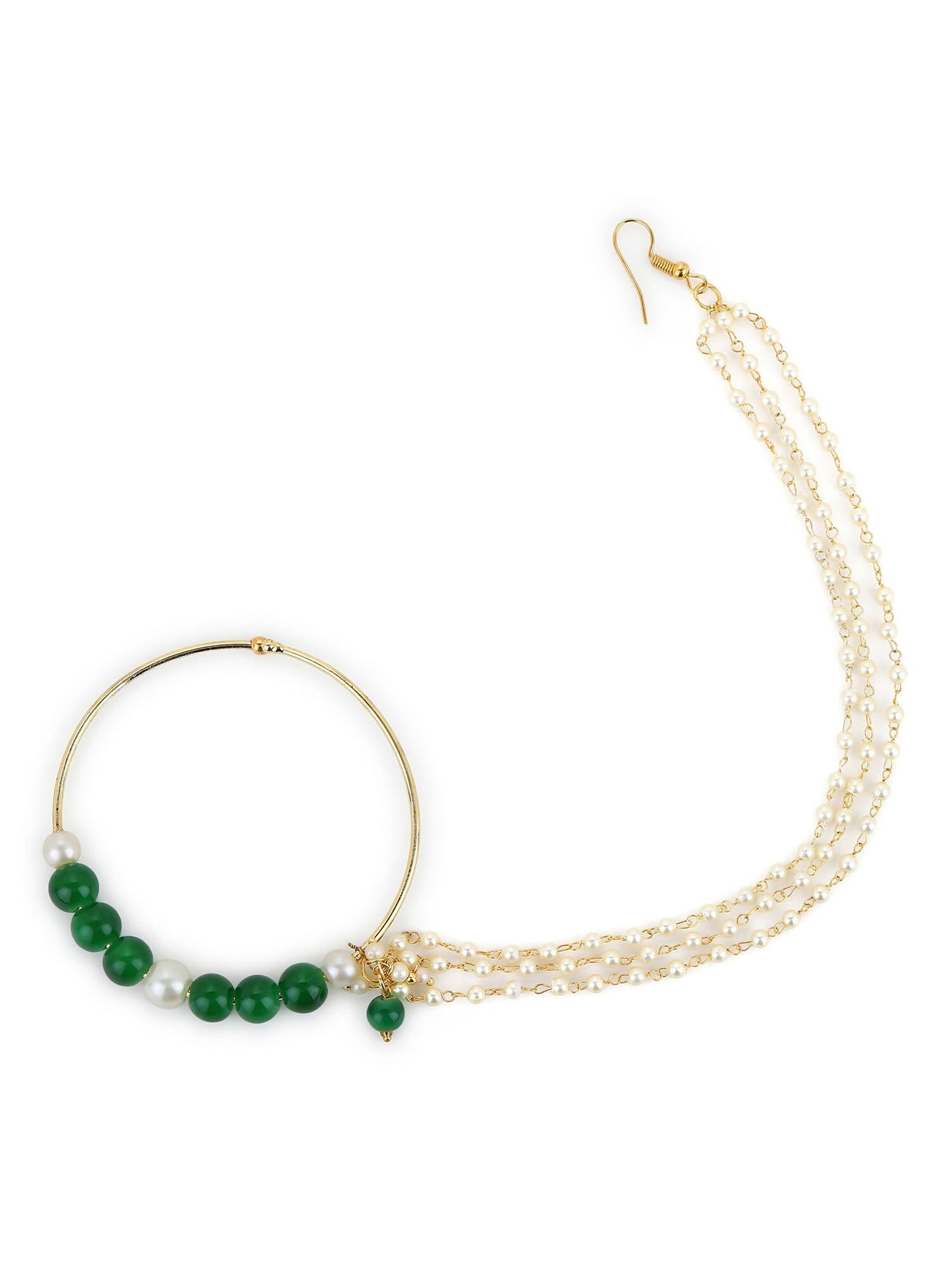 Gold-Polished White Green Stone-Studded Pearl Beaded Nosepin - Ruby Raang | Swadesiicart