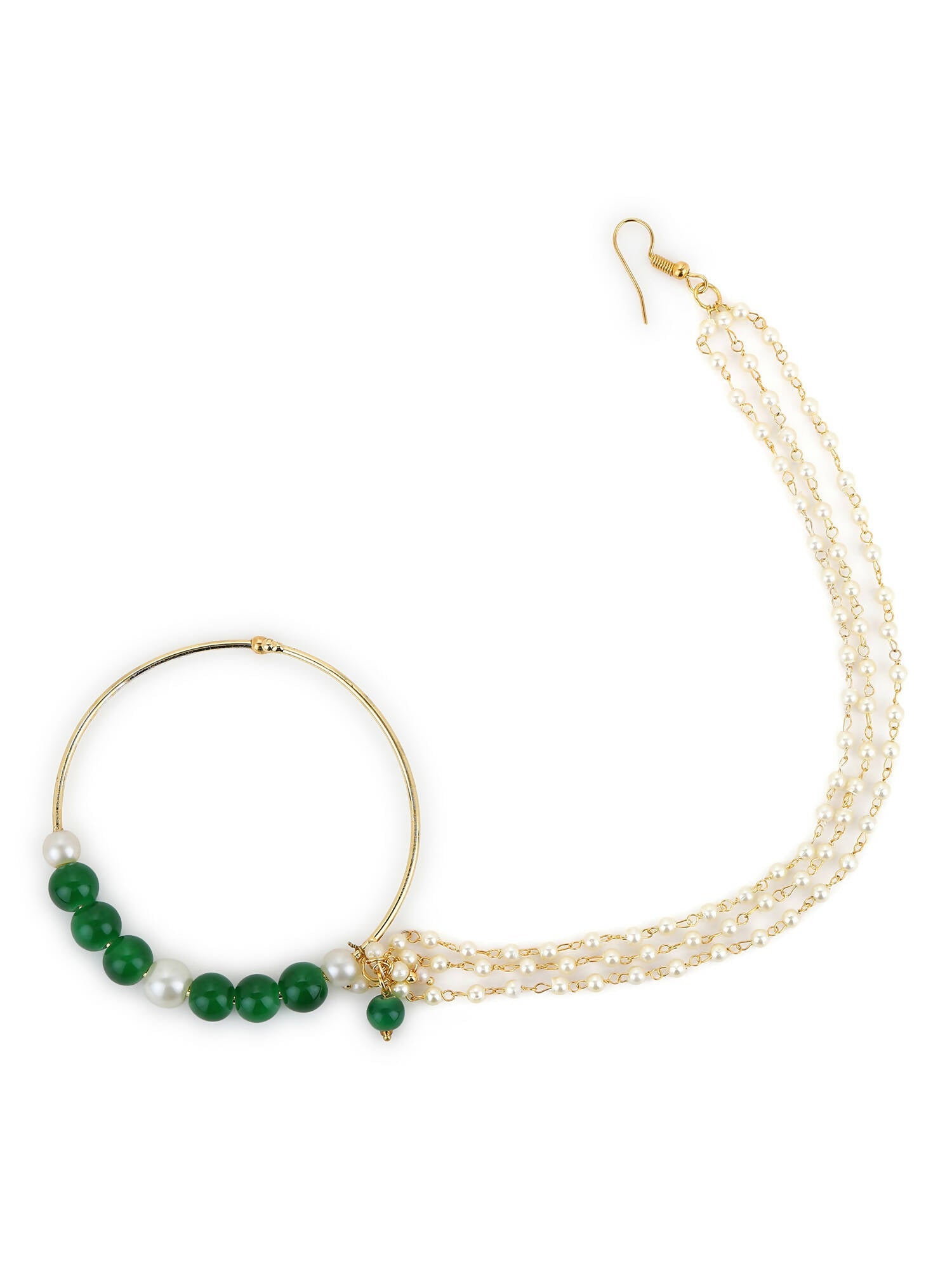Gold-Polished White Green Stone-Studded Pearl Beaded Nosepin - Ruby Raang | Swadesiicart