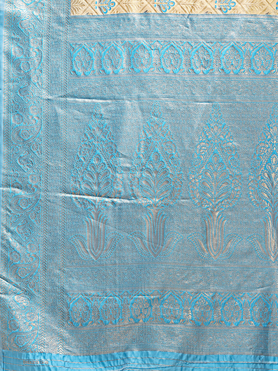 Astita Aura Silk Cream Sky Blue Banarasi Silk Saree | Swadesiicart