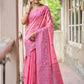 Vishnu Weaves Women's Pink Handloom Raw Silk Woven Border Saree with Blouse - Swadesiicart