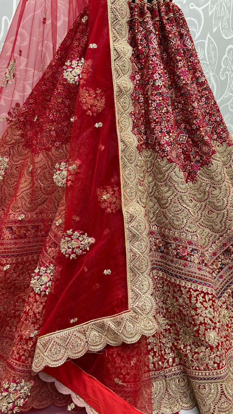 Jyoti Fashion Women's Red Velvet Fancy Dori & Sequins Multi Thread Embroidered with Diamond Work Wedding Lehenga Choli | Swadesiicart