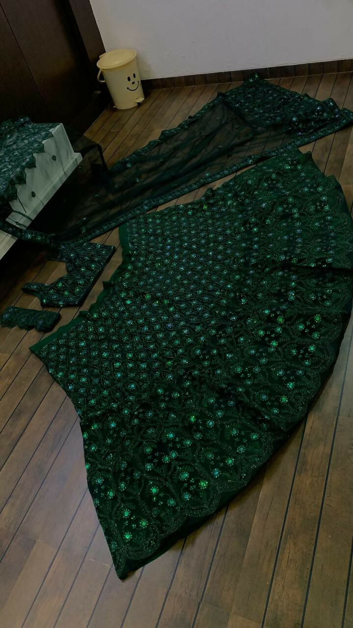Jyoti Fashion Women's Dark Green Net Sequins with Dori & Thread Embroidered Designer Lehenga Choli Set | Swadesiicart