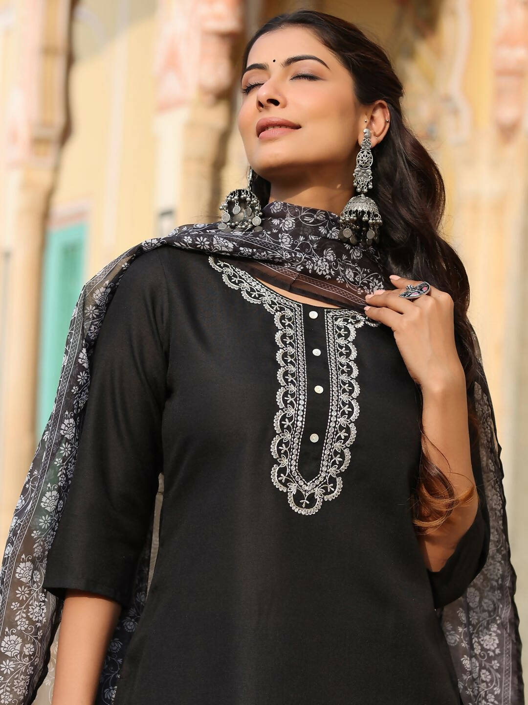 Juniper Women's Black Silk Solid Embroidered Kurta Set | Swadesiicart