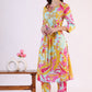 W for Woman Blue Abstract Printed Sequined Yoke Satin Straight Kurta and Pants Set