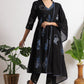 W for Woman Black Floral Printed Pure Cotton Kurta, Pants and Embroidered Dupatta Set