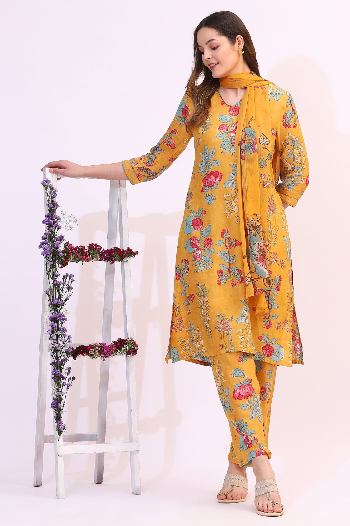 W for Woman Amber Yellow Floral Printed Modal Straight Kurta, Pants and Dupatta Set
