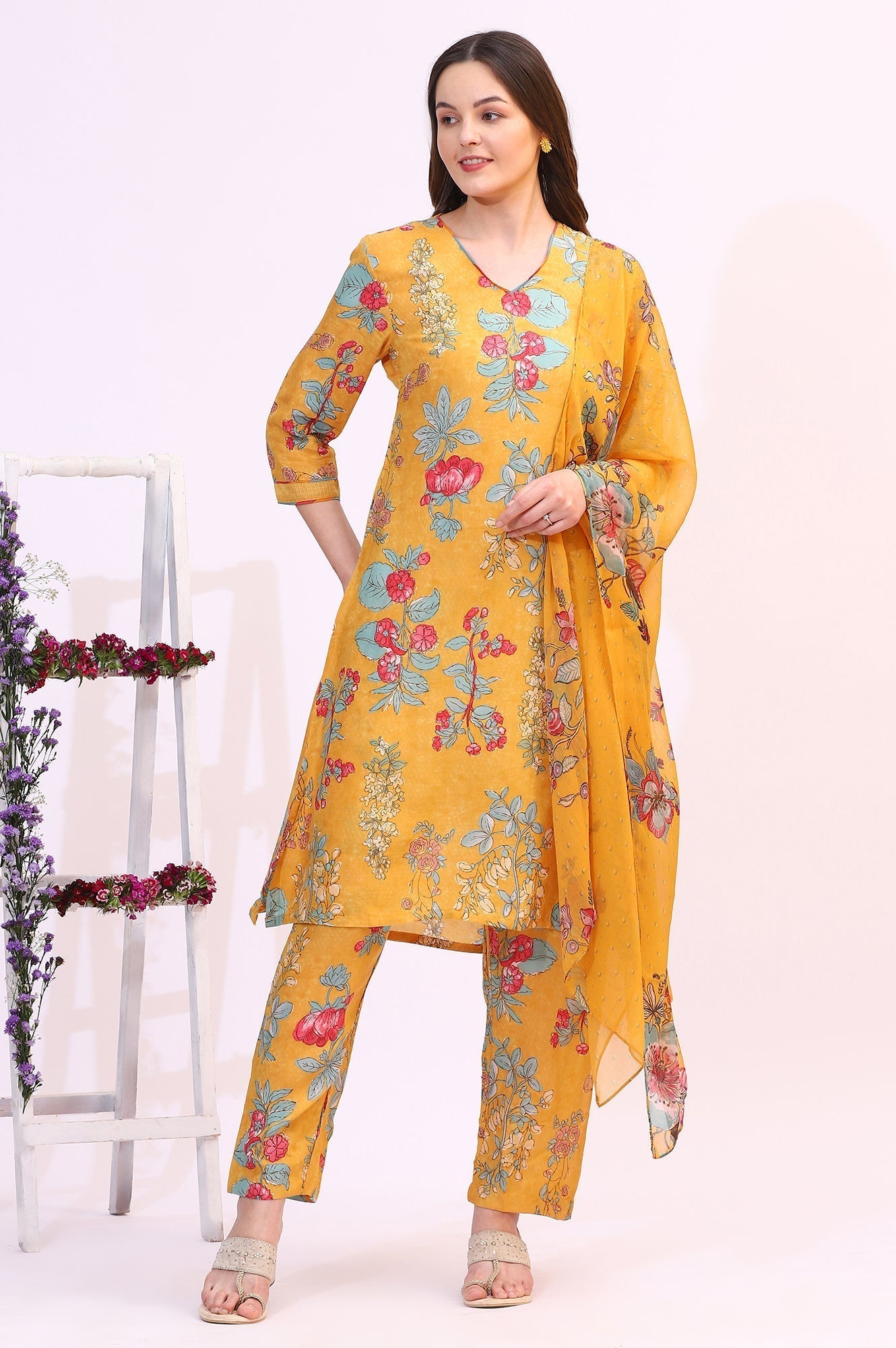 W for Woman Amber Yellow Floral Printed Modal Straight Kurta, Pants and Dupatta Set