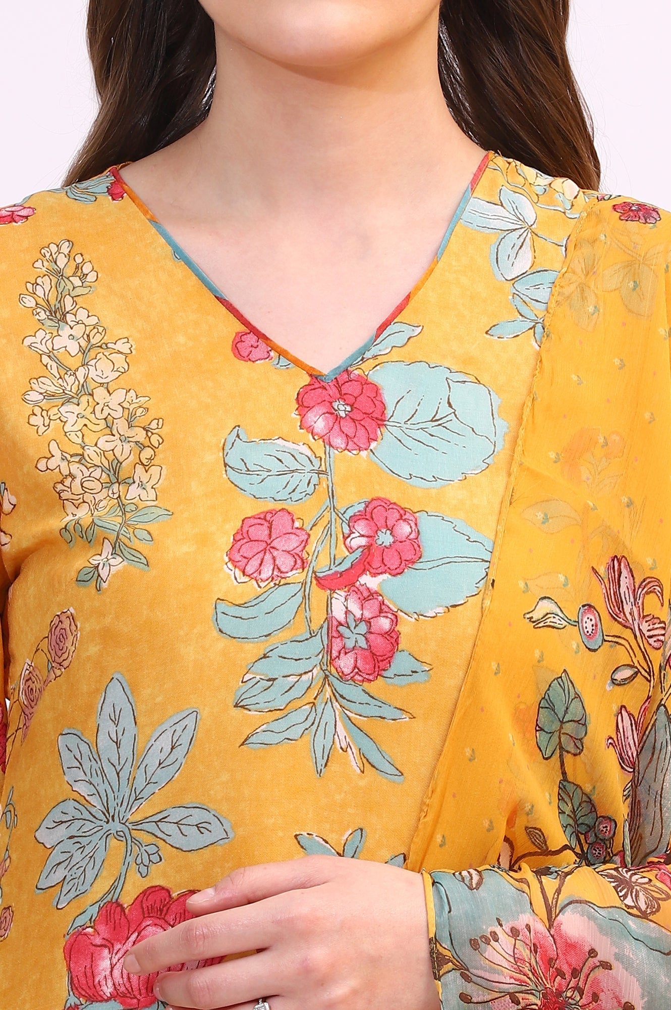 W for Woman Amber Yellow Floral Printed Modal Straight Kurta, Pants and Dupatta Set
