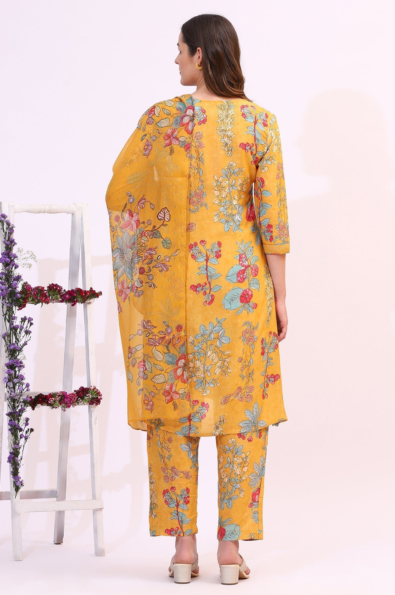 W for Woman Amber Yellow Floral Printed Modal Straight Kurta, Pants and Dupatta Set