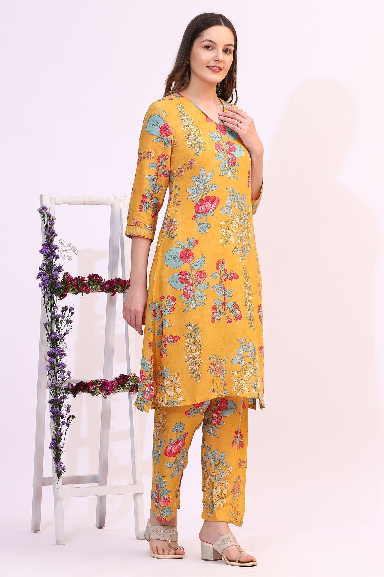 W for Woman Amber Yellow Floral Printed Modal Straight Kurta, Pants and Dupatta Set