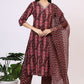 W for Woman Wine Floral Printed Pure Cotton Straight Kurta and Pants Co-ord Set with Dupatta