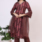 W for Woman Wine Floral Printed Pure Cotton Straight Kurta and Pants Co-ord Set with Dupatta