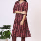 W for Woman Wine Floral Printed Pure Cotton Straight Kurta and Pants Co-ord Set with Dupatta