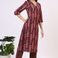 W for Woman Wine Floral Printed Pure Cotton Straight Kurta and Pants Co-ord Set with Dupatta
