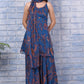 W for Woman Blue Paisley Printed Chiffon Spaghetti Flared Short Kurta, Sharara and Dupatta Set