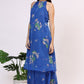 W for Woman Blue Floral Printed Halter Neck Chiffon Kurta with Flared Pants and Dupatta Set