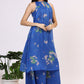 W for Woman Blue Floral Printed Halter Neck Chiffon Kurta with Flared Pants and Dupatta Set