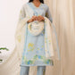 W for Woman Blue Checker Chanderi Straight Kurta, Pants and Dupatta Set