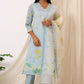 W for Woman Blue Checker Chanderi Straight Kurta, Pants and Dupatta Set