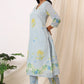 W for Woman Blue Checker Chanderi Straight Kurta, Pants and Dupatta Set
