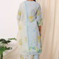 W for Woman Blue Checker Chanderi Straight Kurta, Pants and Dupatta Set
