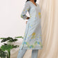 W for Woman Blue Checker Chanderi Straight Kurta, Pants and Dupatta Set