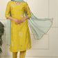W for Woman Celery Green Embroidered Chanderi Straight Kurta, Pants and Dupatta Set