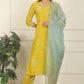 W for Woman Celery Green Embroidered Chanderi Straight Kurta, Pants and Dupatta Set