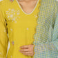 W for Woman Celery Green Embroidered Chanderi Straight Kurta, Pants and Dupatta Set