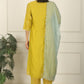 W for Woman Celery Green Embroidered Chanderi Straight Kurta, Pants and Dupatta Set