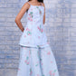 W for Woman Blue Floral Printed Thread Embroidered Kota Flared Kurta, Flared Pant And Dupatta Set